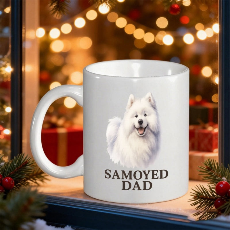 Tailorly White Ceramic 11 oz Mug - Samoyed Dad Fluffy White Puppy Sitting Calmly With Friendly Smile Samoyed
