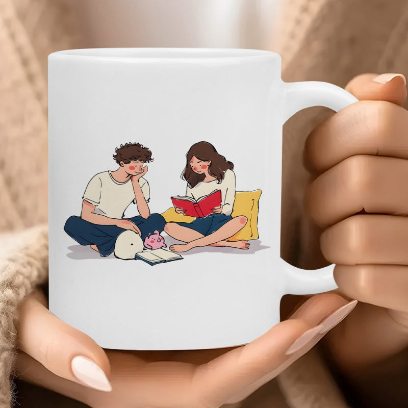 Tailorly White Ceramic 11 oz Mug - Cozy Young Man And Woman Reading Books While Sitting Together Comfortably Couple