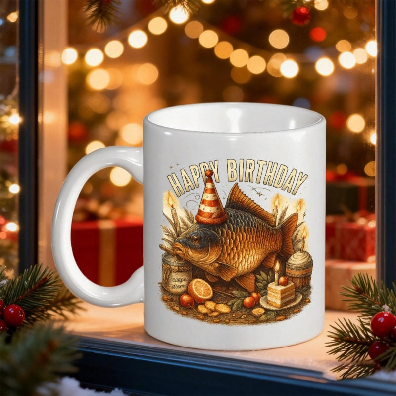 Tailorly White Ceramic 11 oz Mug - Happy Birthday Vintage Style Carp Wearing Party Hat Surrounded By Cake And Fruit Fish