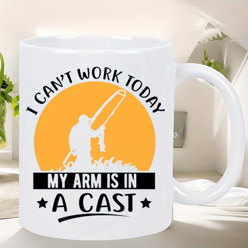 Tailorly White Ceramic 11 oz Mug - I Can't Work Today My Arm Is In A Cast Silhouette Casting Fishing Rod Under Large Golden Glowing Sun Horizon Fisherman