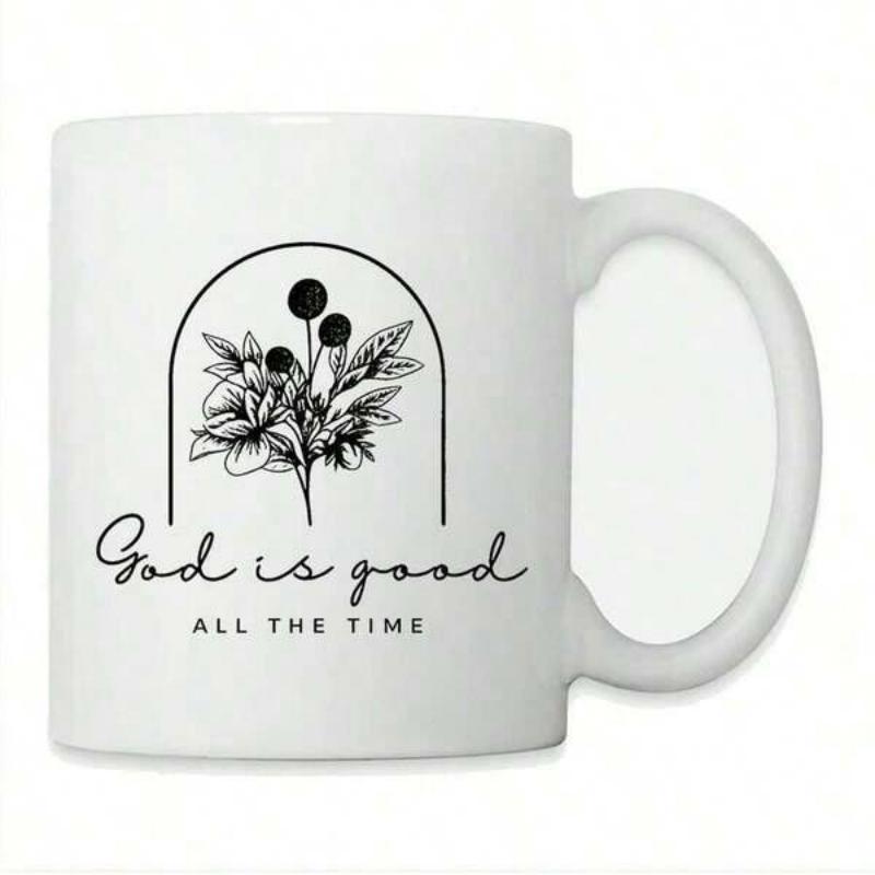 Tailorly White Ceramic 11 oz Mug - God Is Good All The Time Minimalist Black Line Art Floral Design Within A Delicate Geometric Arch Bouquet