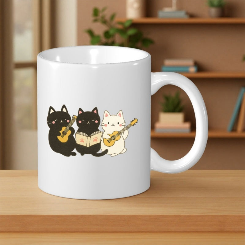 Tailorly White Ceramic 11 oz Mug - Three Adorable Musical Kittens Playing Small Guitars And Reading Sheet Music Cat