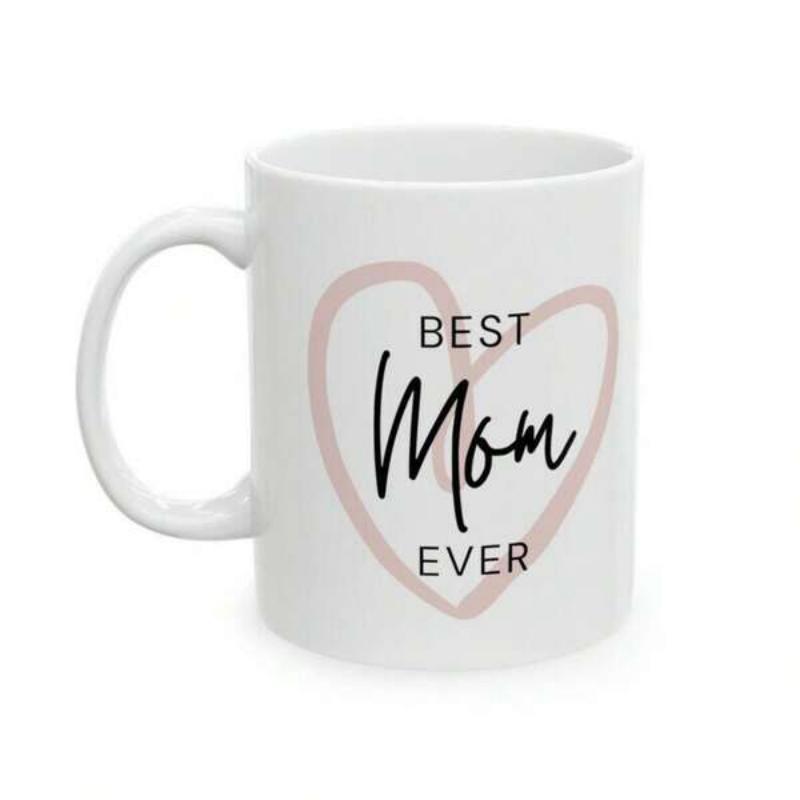 Tailorly White Ceramic 11 oz Mug - Best Mom Ever Minimalist Pink Heart Outline Printed On A Ceramic Surface