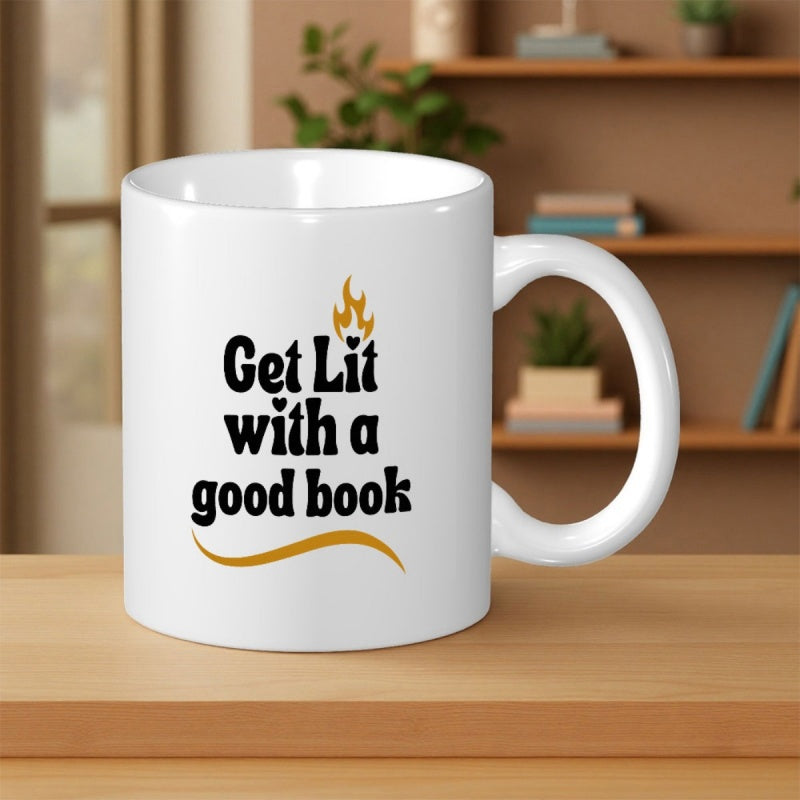 Tailorly White Ceramic 11 oz Mug - Get Lit With A Good Book Minimalist Flame Icon And Curved Golden Line On A Smooth Surface Ceramic Mug