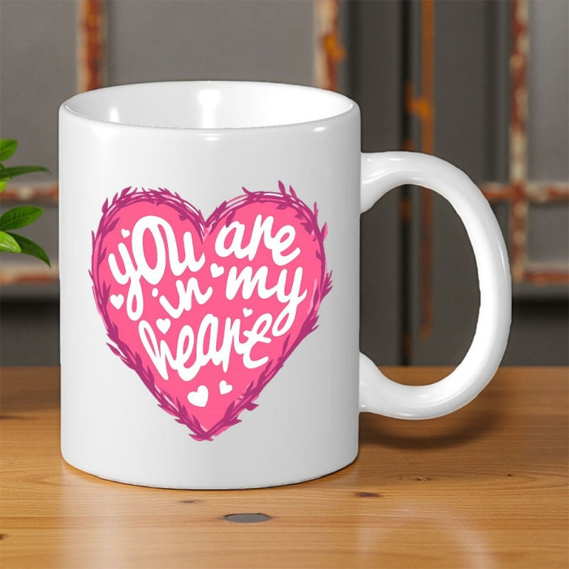 Tailorly White Ceramic 11 oz Mug - You Are In My Heart Pink Textured Shape Surrounded By Delicate White Hearts Heart