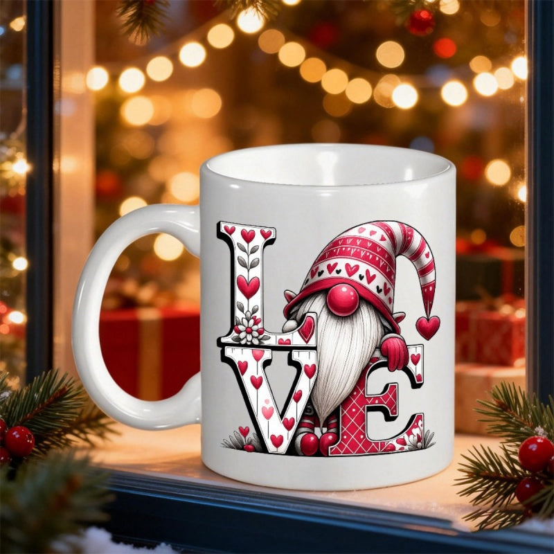 Tailorly White Ceramic 11 oz Mug - Love Festive Christmas Gnome With Patterned Hat Nestled Within Heart Decorative Letters Gnome