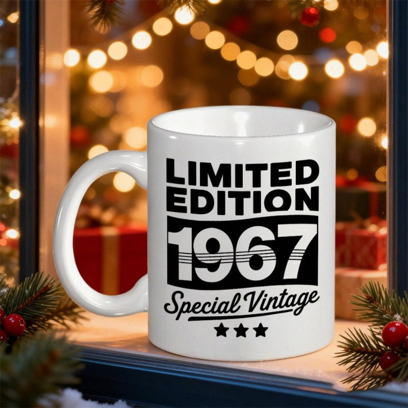 Tailorly White Ceramic 11 oz Mug - Limited Edition 1967 Special Vintage Bold Typography With Wavy Banner Stripes And Decorative Three Stars Mug