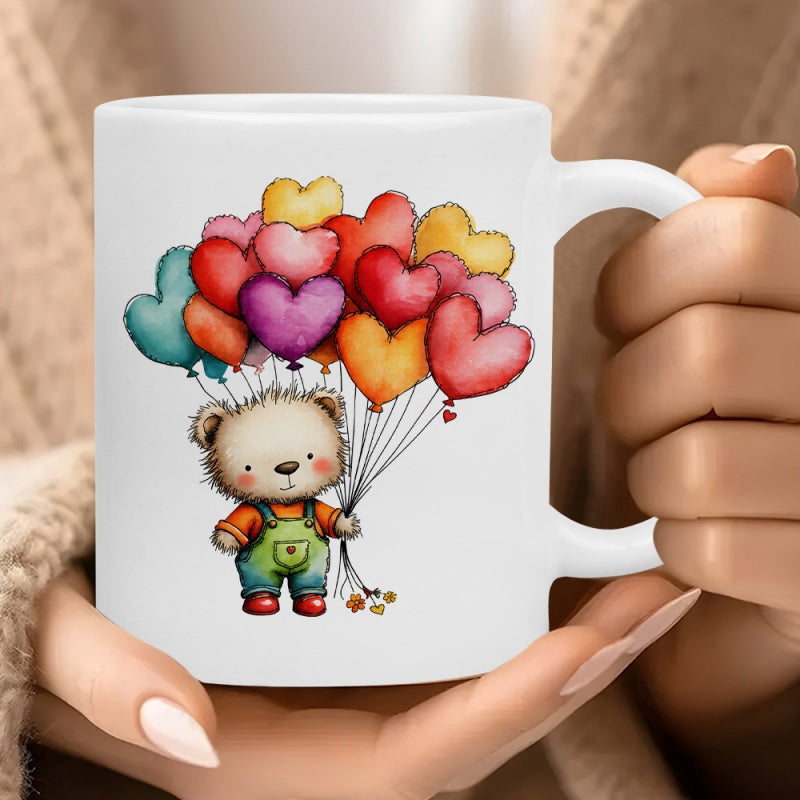 Tailorly White Ceramic 11 oz Mug - Adorable Small Bear Holding A Large Bundle Of Vibrant Heart Balloons Bear