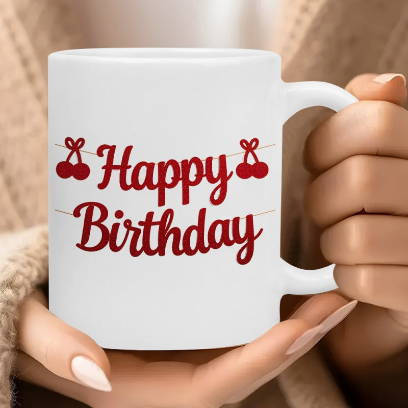 Tailorly White Ceramic 11 oz Mug - Happy Birthday Dangling Red Cherries On A Thin String With Tiny Bows Mug