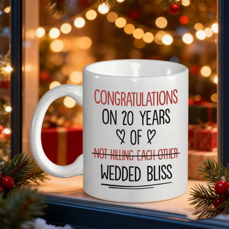 Tailorly White Ceramic 11 oz Mug - Congratulations On 20 Years Of Not Killing Each Other Wedded Bliss Decorative Hearts With Bold Hand Lettered Styled Celebratory