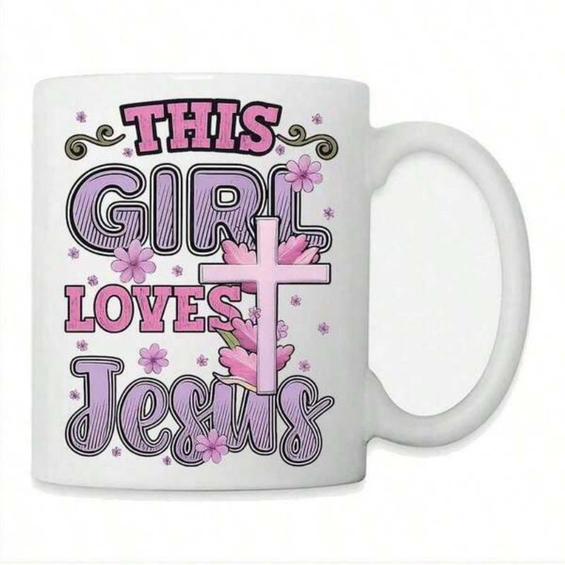 Tailorly White Ceramic 11 oz Mug - This Girl Loves Jesus Charming Pink Flowers Decorated With Swirls Around A Simple Centered Cross