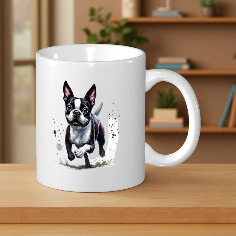 Tailorly White Ceramic 11 oz Mug - Energetic Boston Terrier Running Joyfully With Artistic Ink Splatter Dog