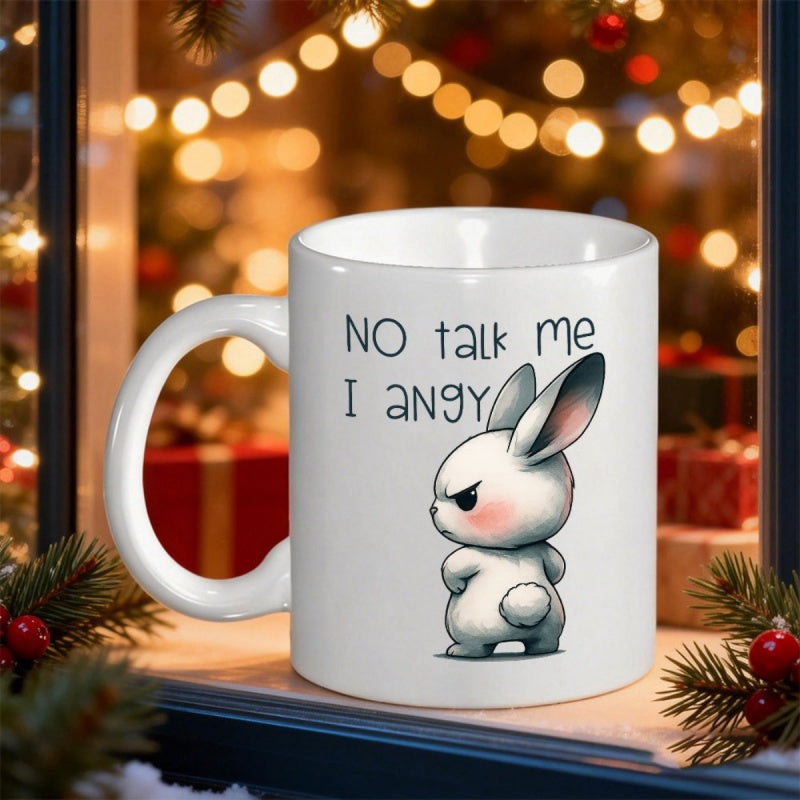 Tailorly White Ceramic 11 oz Mug - No Talk Me I Angy Cute Grumpy White Bunny With Expressive Frown And Fluffy Tail Rabbit