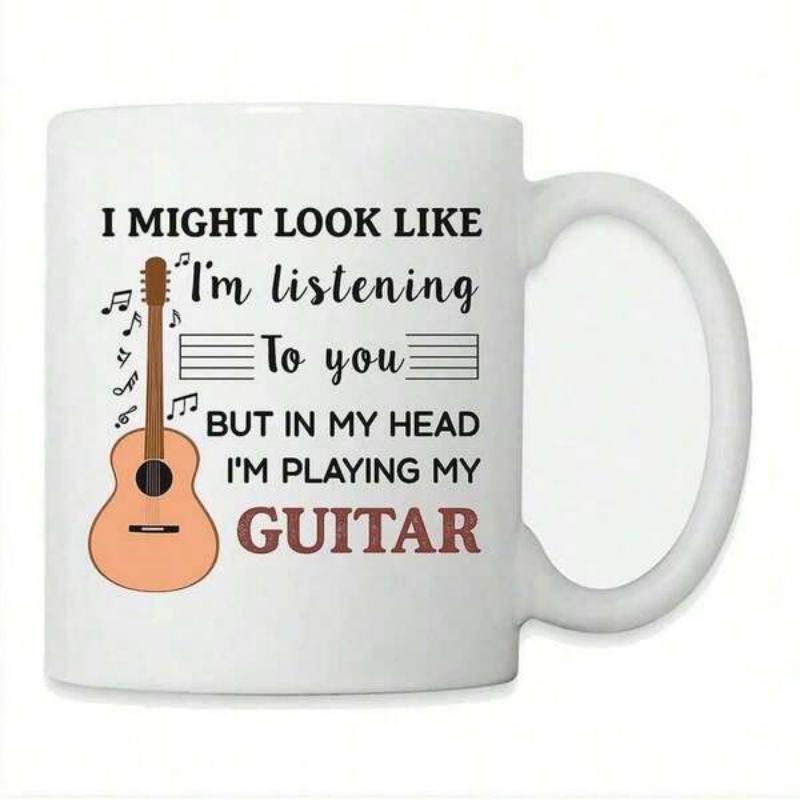 Tailorly White Ceramic 11 oz Mug - I Might Look Like Im Listening To You But In My Head Im Playing My Guitar Acoustic Guitar Illustration With Musical Notes Among