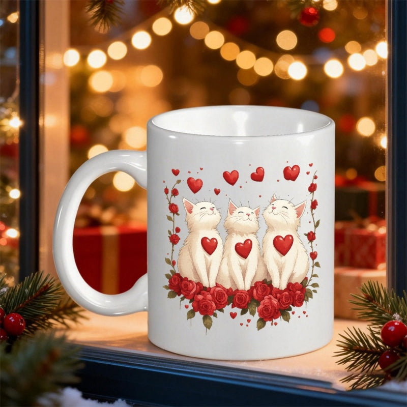 Tailorly White Ceramic 11 oz Mug - Three Adorable White Kittens Sitting Among Red Roses Under Floating Hearts Cat