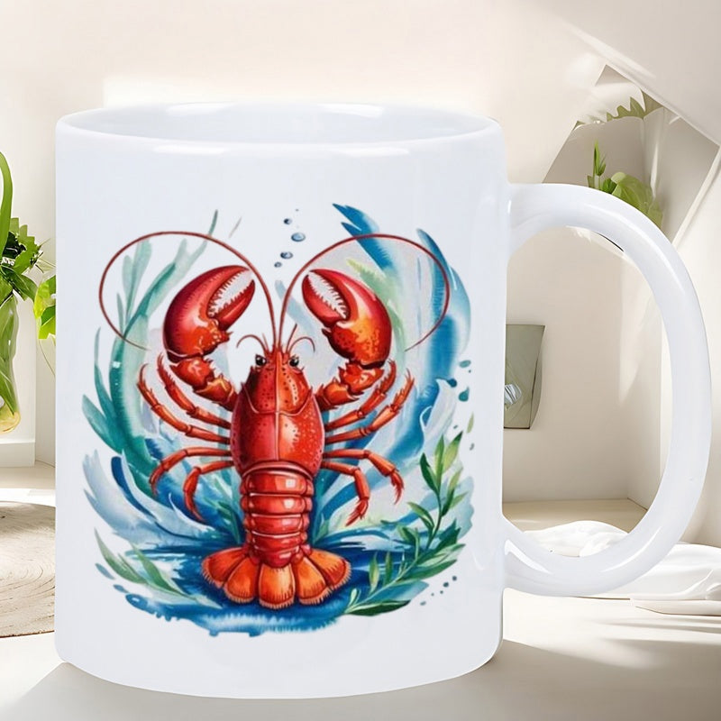 Tailorly White Ceramic 11 oz Mug - Vibrant Red Crustacean Amidst Blue Ocean Waves And Green Seaweed Lobster