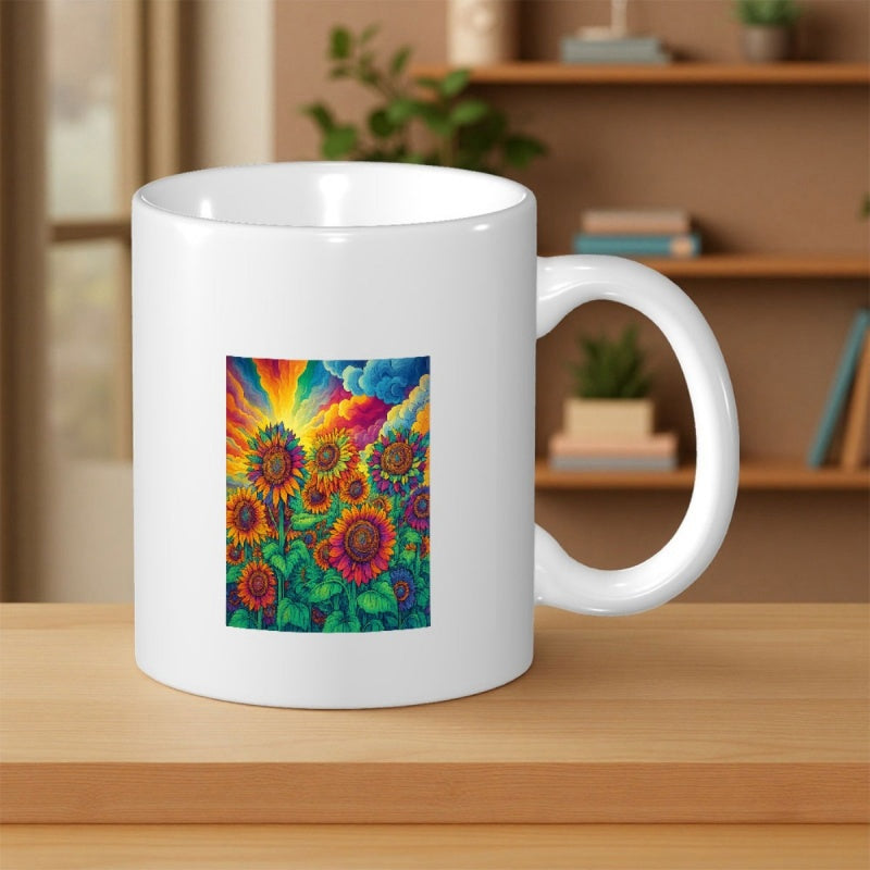 Tailorly White Ceramic 11 oz Mug - Vibrant Artistic Garden With Colorful Blooming Petals Under A Glowing Sunset Sky Sunflower