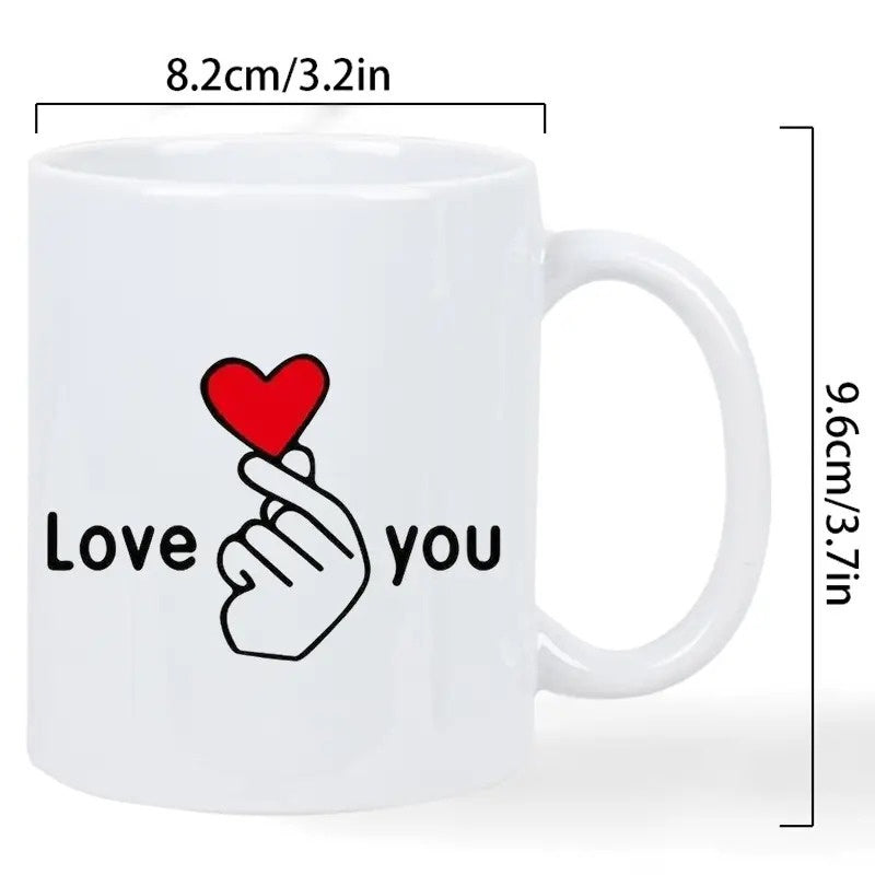 Tailorly White Ceramic 11 oz Mug - Love You Minimalist Black Line Drawing With A Small Red Heart Hand Gesture Finger Heart