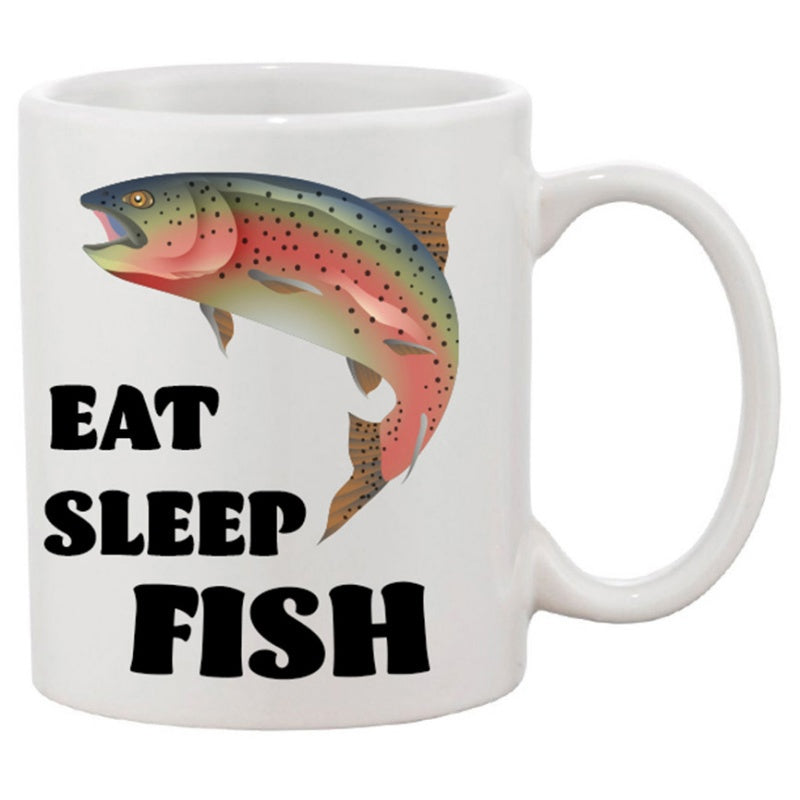 Tailorly White Ceramic 11 oz Mug - Eat Sleep Fish Vibrant Jumping Rainbow Trout Shimmering On A White Background Fish