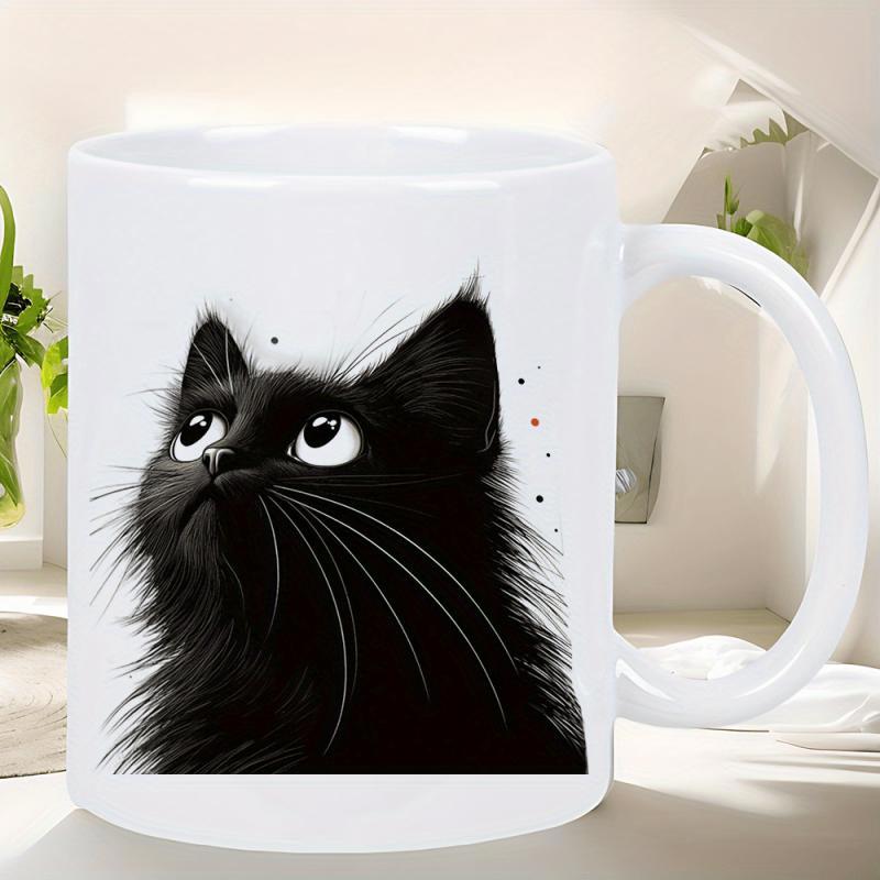 Tailorly White Ceramic 11 oz Mug - Fluffy Black Furry Texture With Big Expressive Eyes Looking Upwards Cat