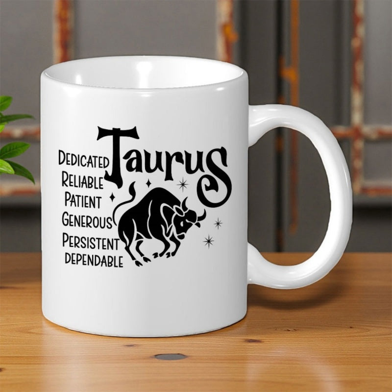 Tailorly White Ceramic 11 oz Mug - Taurus Dedicated Reliable Patient Generous Persistent Dependable Powerful Black Silhouette Of A Charging Bull Surrounded By