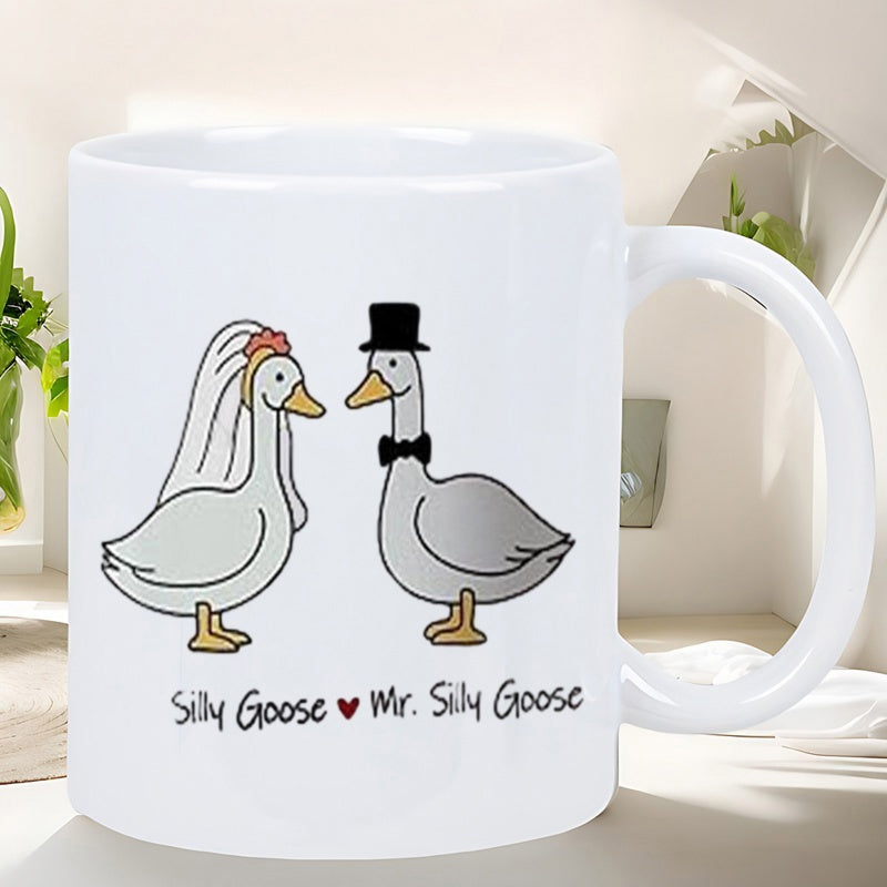 Tailorly White Ceramic 11 oz Mug - Silly Goose Mr Silly Goose Two Cute Cartoon Wedding Geese Wearing A Veil And Top Hat Goose