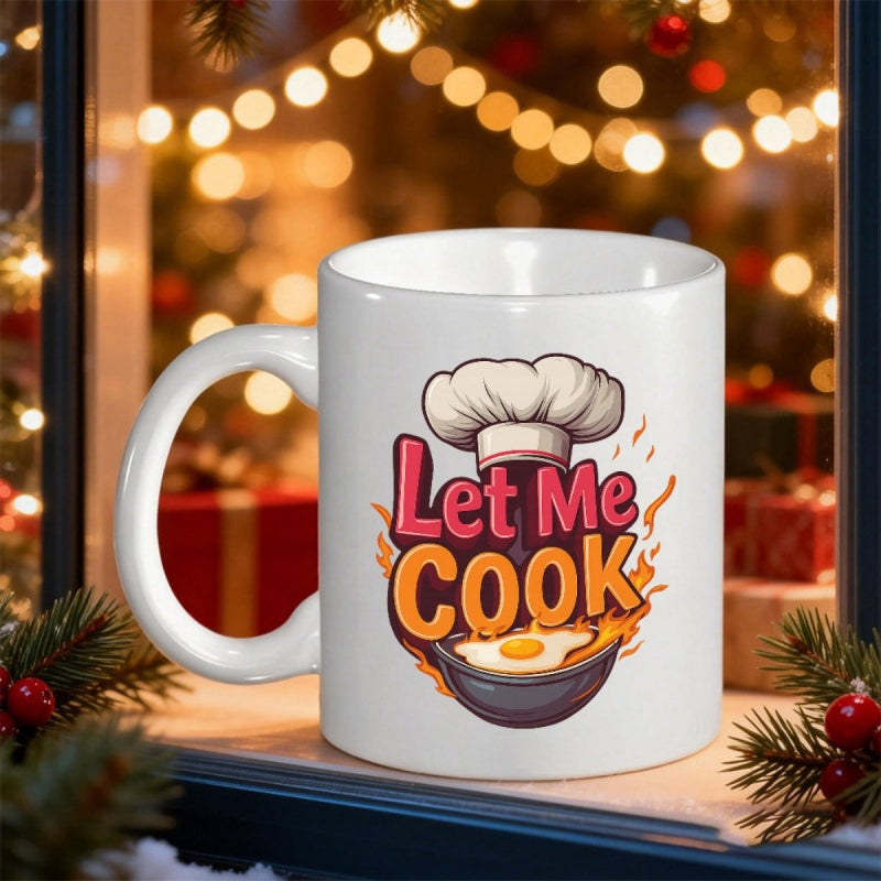 Tailorly White Ceramic 11 oz Mug - Let Me Cook Chef Hat Over Pan With Fried Egg And Bright Orange Flames Mug