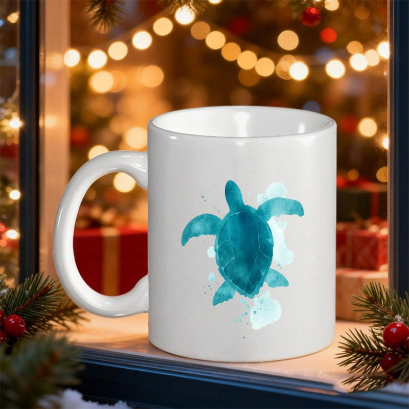 Tailorly White Ceramic 11 oz Mug - Blue Watercolor Swimming Through Serene Ocean Waves With Gentle Splashes Turtle