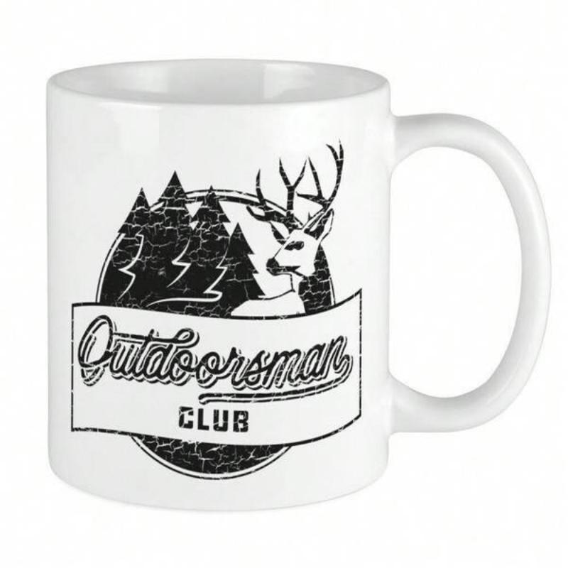 Tailorly White Ceramic 11 oz Mug - Outdoorsman Club Vintage Nature Scene Featuring Pine Trees And Majestic Antlered Deer