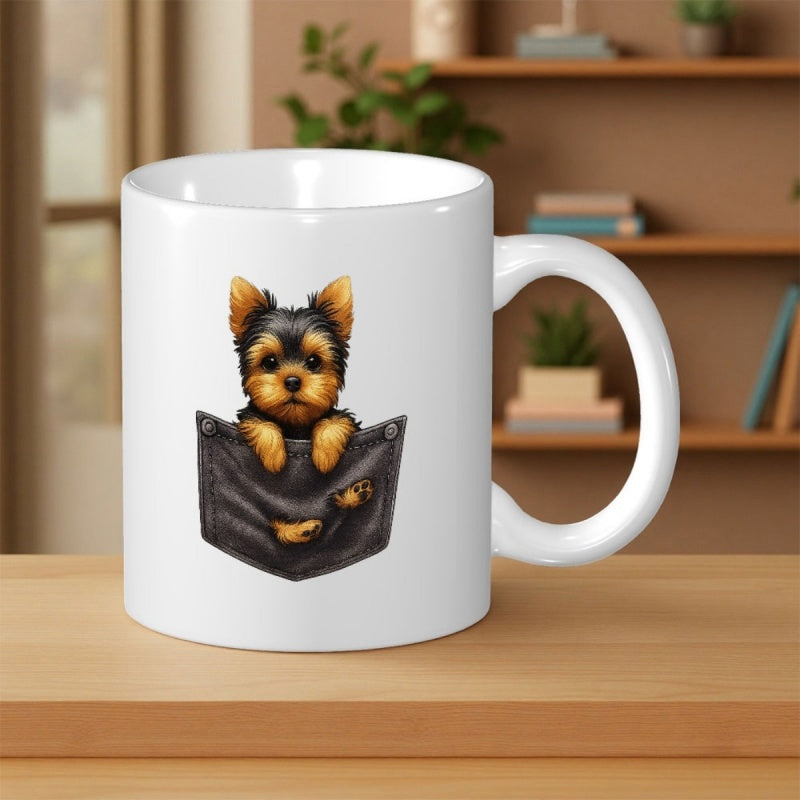 Tailorly White Ceramic 11 oz Mug - Small Fluffy Yorkshire Terrier Puppy Peeking Out From A Denim Pocket Dog