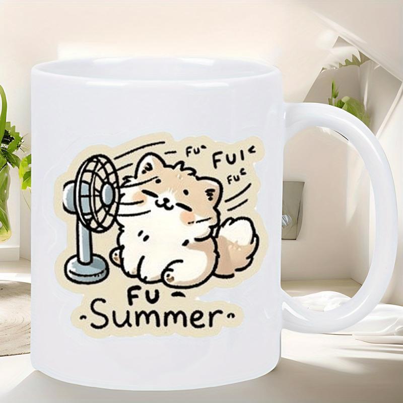 Tailorly White Ceramic 11 oz Mug - Fu Fu Summer Cute Fluffy Cream Pet Enjoying Cool Breeze From Electric Fan Dog