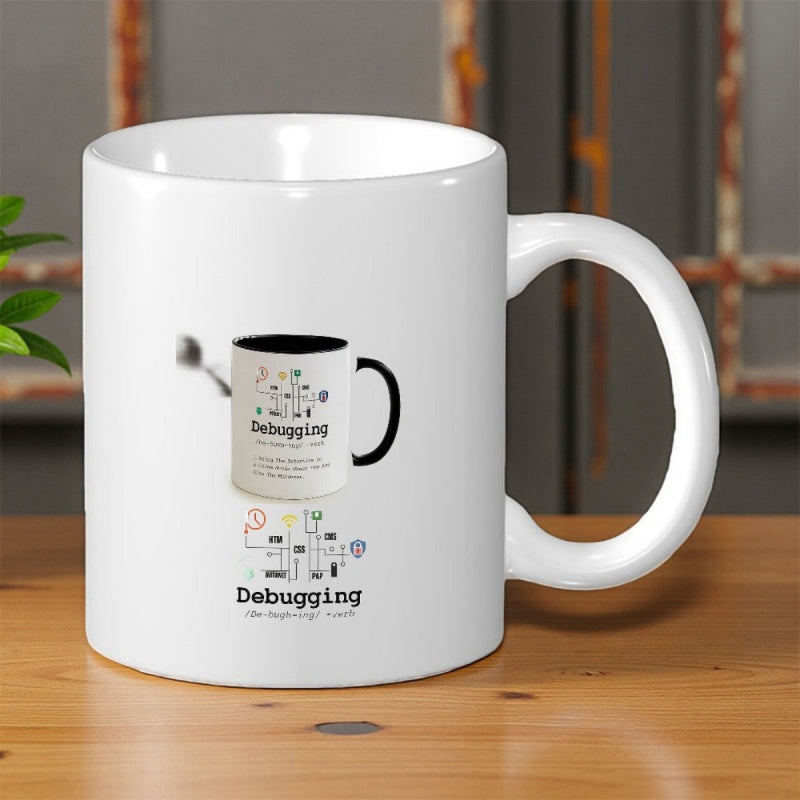 Tailorly White Ceramic 11 oz Mug - Debugging Technical Circuit Lines With Minimalist Nodes And Software Development Icons Mug