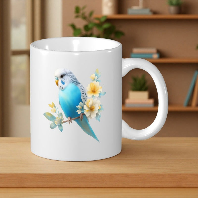 Tailorly White Ceramic 11 oz Mug - Vibrant Blue Perched Among Delicate Yellow Blossoms In Artistic Style Budgie
