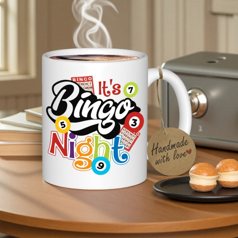 Tailorly White Ceramic 11 oz Mug - Its Bingo Night Colorful Stylized Lettering Surrounded By Numbered Balls And Game Cards Mug