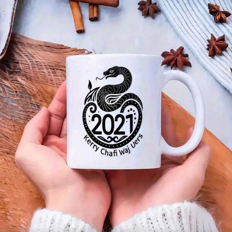 Tailorly White Ceramic 11 oz Mug - Intricate Tribal Pattern Coiled Serpent Design Encased Inside A Minimalist Circular Border Snake