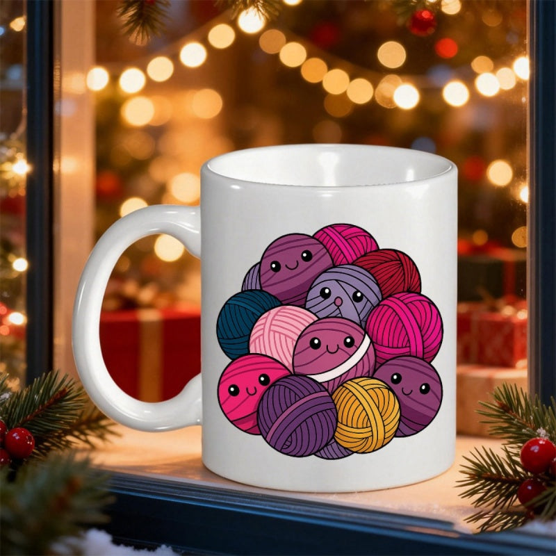 Tailorly White Ceramic 11 oz Mug - Vibrant Colorful Hand Knitted Style Balls With Happy Kawaii Faces Yarn