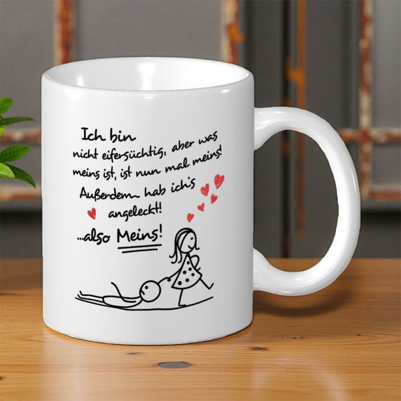 Tailorly White Ceramic 11 oz Mug - Minimalist Artistic Drawing Featuring Cute Girl Pulling Boy With Hearts Stick Figure