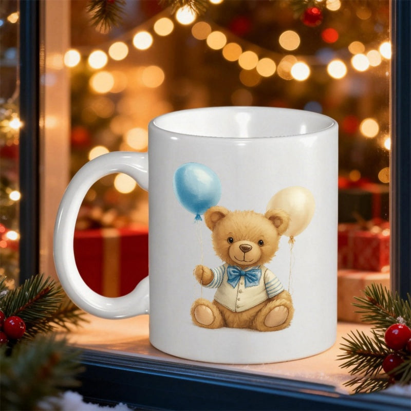 Tailorly White Ceramic 11 oz Mug - Cute Fluffy Bear Wearing A Bowtie Holding Blue And Cream Balloons Teddy Bear