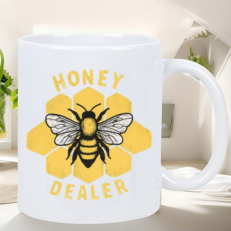 Tailorly White Ceramic 11 oz Mug - Honey Dealer Detailed Honeybee With Wings Spread Over Yellow Geometric Hexagon Honeycomb Background Bee