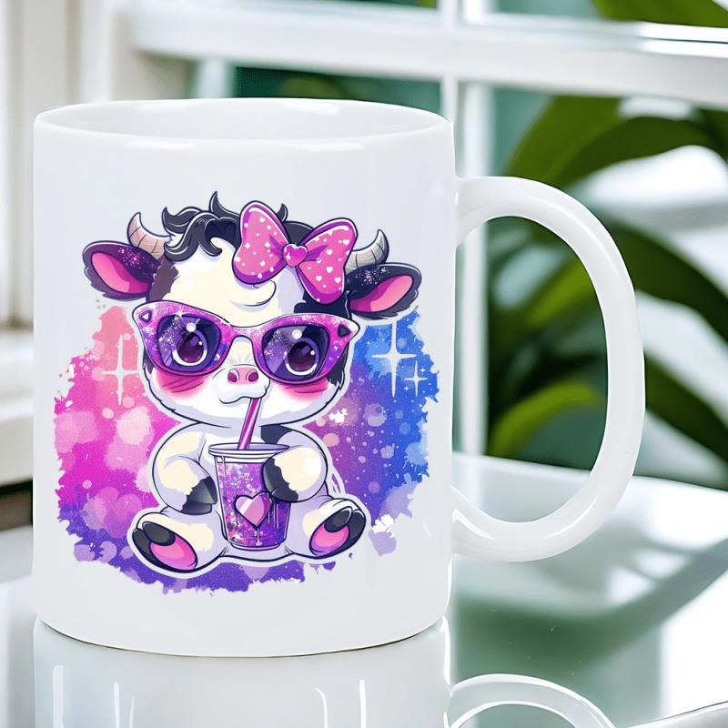 Tailorly White Ceramic 11 oz Mug - Adorable Cartoon Cow Wearing Sunglasses And Bow Drinking Sweet Purple Juice Cow