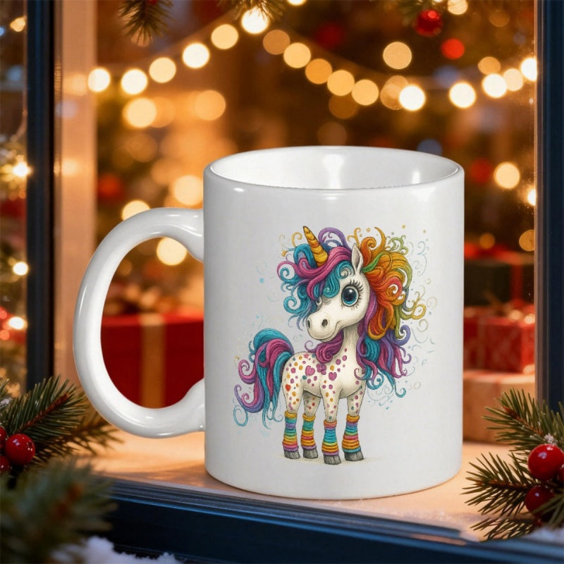 Tailorly White Ceramic 11 oz Mug - Whimsical Rainbow Mane With Golden Horn And Colorful Patterns Standing Gracefully Unicorn