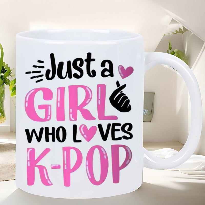 Tailorly White Ceramic 11 oz Mug - Just A Girl Who Loves K Pop Stylish Pink Bubble Font Design Featuring Artistic Hand Gesture Heart