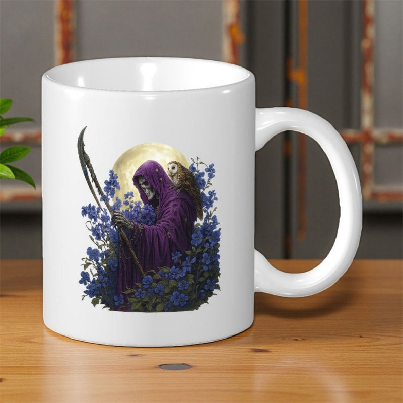 Tailorly White Ceramic 11 oz Mug - Purple Hooded Skeleton Holding Sharp Scythe Among Blooming Blue Flowers Under Moon Grim Reaper