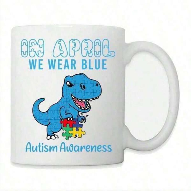 Tailorly White Ceramic 11 oz Mug - In April We Wear Blue Autism Awareness Cute Blue Tyrannosaurus Rex Holding Colorful Jigsaw Puzzle Pieces For Support Dinosaur