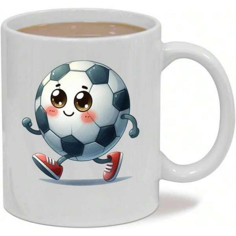 Tailorly White Ceramic 11 oz Mug - Cheerful Cartoon Character Running While Wearing Small Red Shoes Soccer Ball