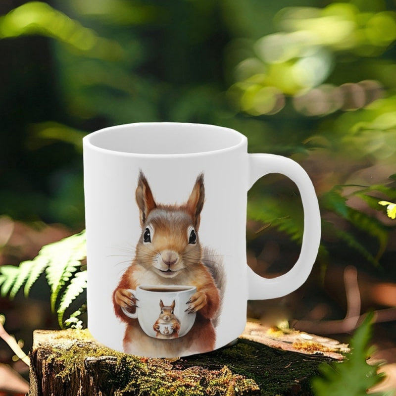 Tailorly White Ceramic 11 oz Mug - Charming Fluffy Squirrel Holding A Coffee Cup In A Lush Green Forest Squirrel