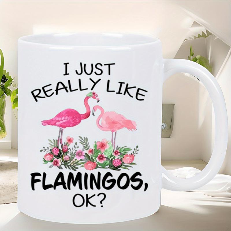 Tailorly White Ceramic 11 oz Mug - I Just Really Like Flamingos OK Two Pink Watercolor Flamingos Standing Gracefully Among Blooming Spring Floral Garden Flamingo
