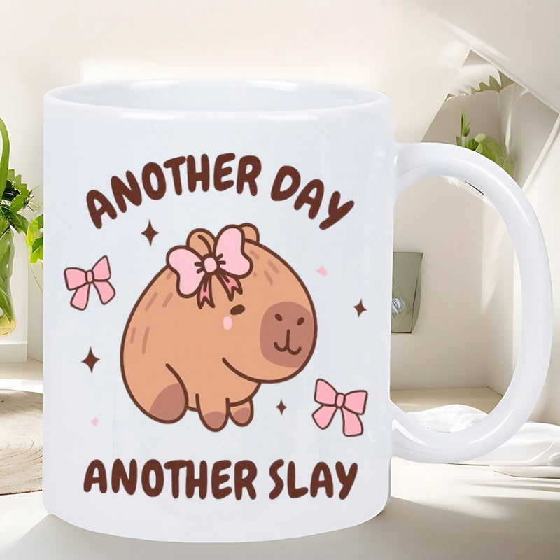 Tailorly White Ceramic 11 oz Mug - Another Day Another Slay Adorable Cartoon Capybara Adorned With Pink Bows Under Twinkling Stars Capybara