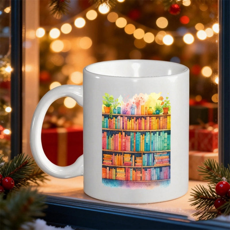 Tailorly White Ceramic 11 oz Mug - Watercolor Colorful Rainbow Books Arranged Neatly On Wooden Shelves With Plants Bookshelf