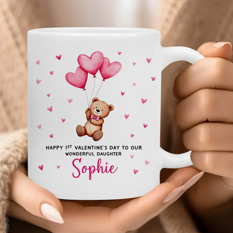 Tailorly White Ceramic 11 oz Mug - Happy 1st Valentine's Day To Our Wonderful Daughter Sophie Adorable Brown Teddy Bear Floating With Pink Heart Balloons Under